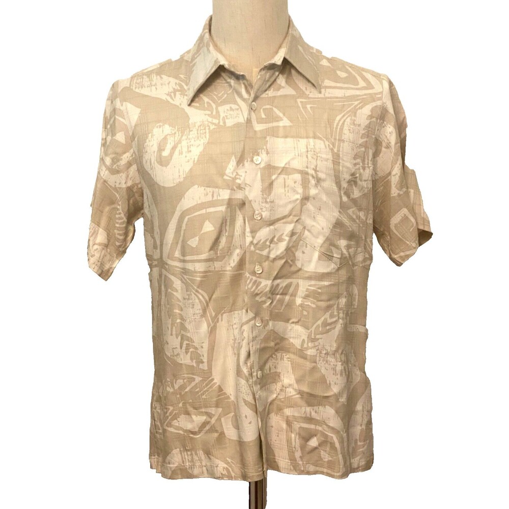 Vtg KAI Hawaiian Aloha Shirt Men's XS RAYON USA HAWAII Made Beige Tribal Beach